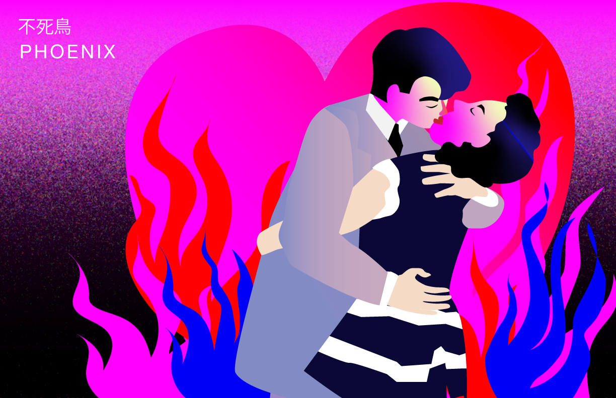 Das Bild zeigt eine freie Illustration eines Liebespaars, dass sich küssend umarmt gestaltet von Strahlenkatzen Studio für Grafikdesign in Köln