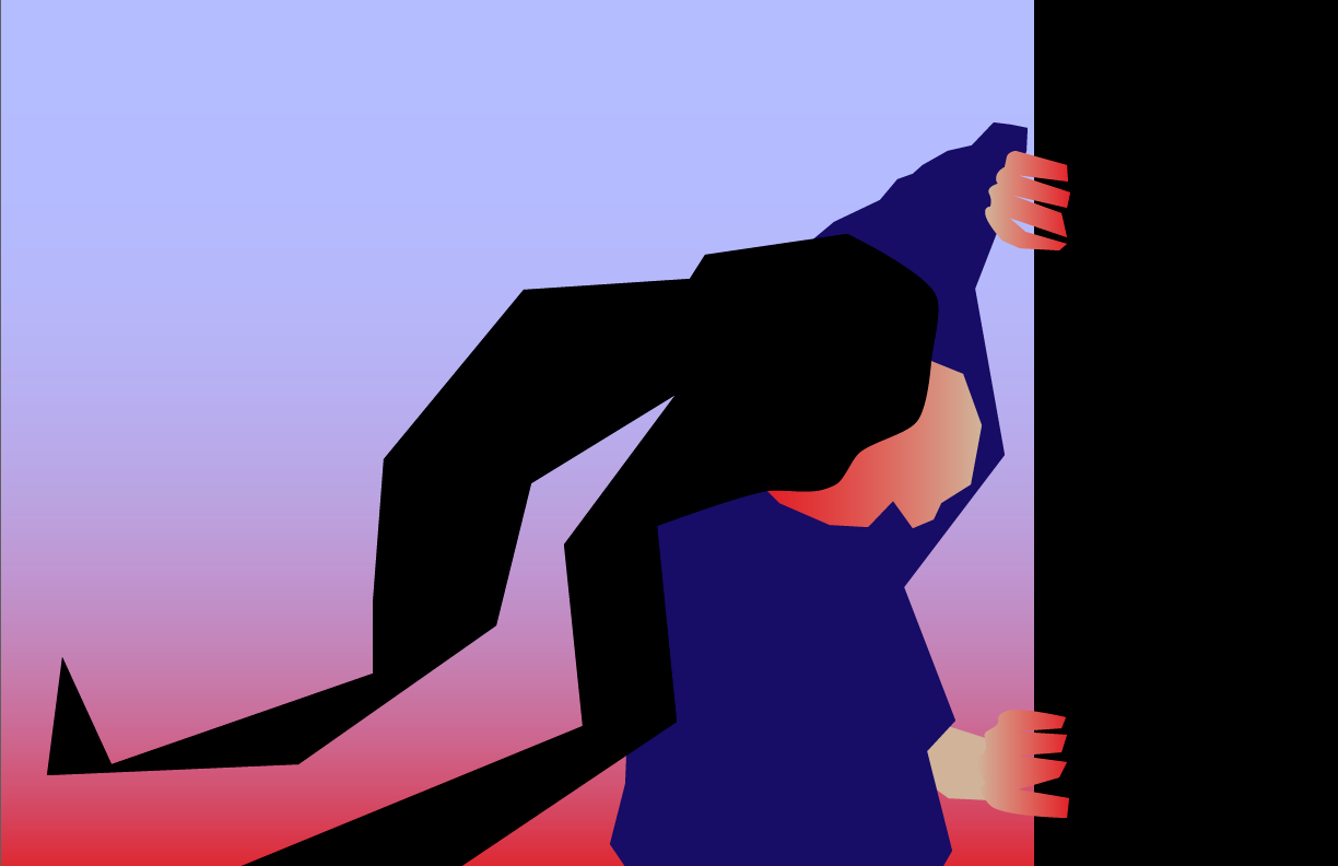 Das Bild zeigt eine freie Illustration von einer Frau, die sich an einen Türrahmen klammert gestaltet von Strahlenkatzen Studio für Grafikdesign in Köln