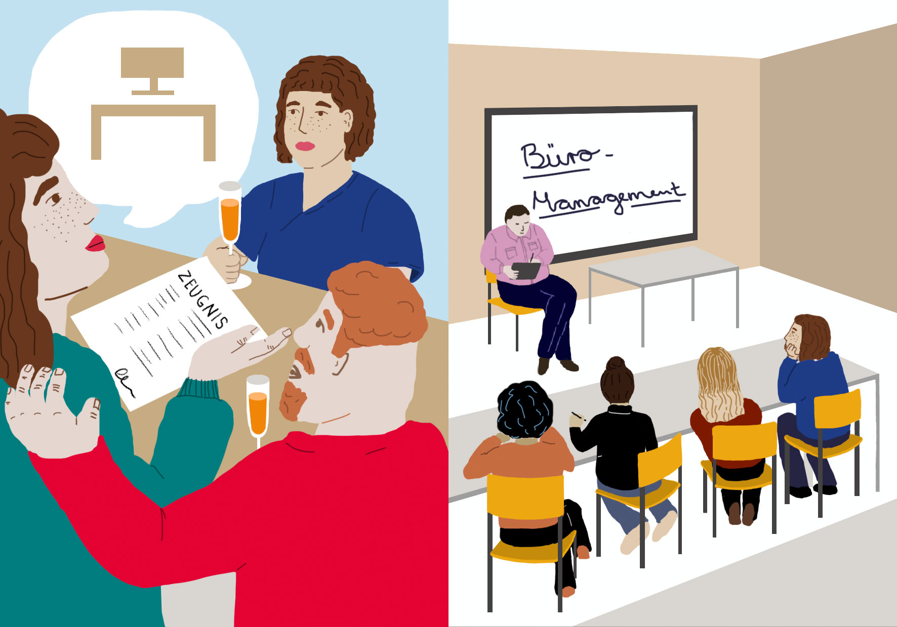 Das Bild zeigt ein Einzelbild einer Reihe von Illustrationen zum Thema Berufswahl für Jugendliche gestaltet von Strahlenkatzen Studio für Grafikdesign in Köln